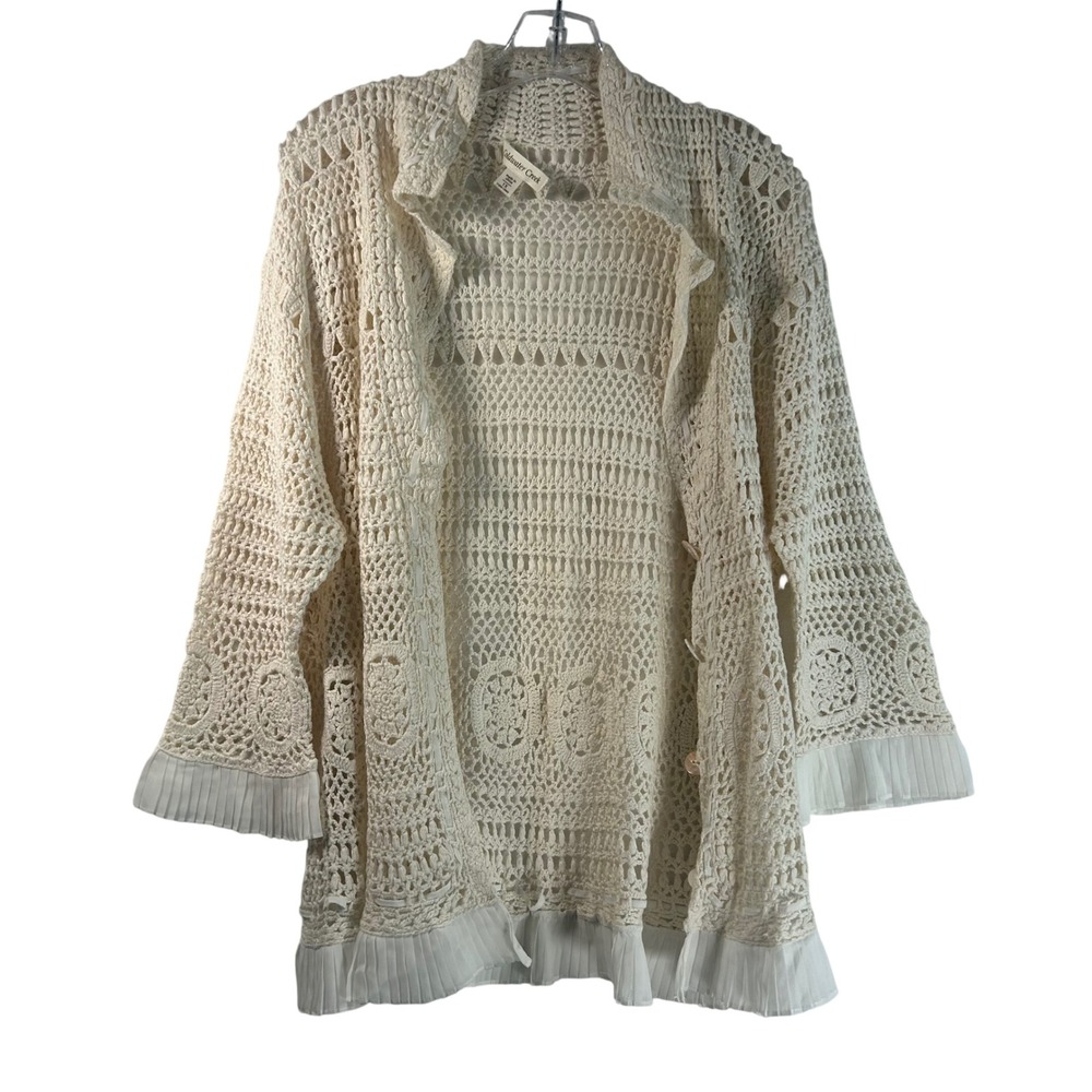 Coldwater Creek Ivory Crochet Open Knit Cardigan Pleated Trim Plus 1X 16W-18W